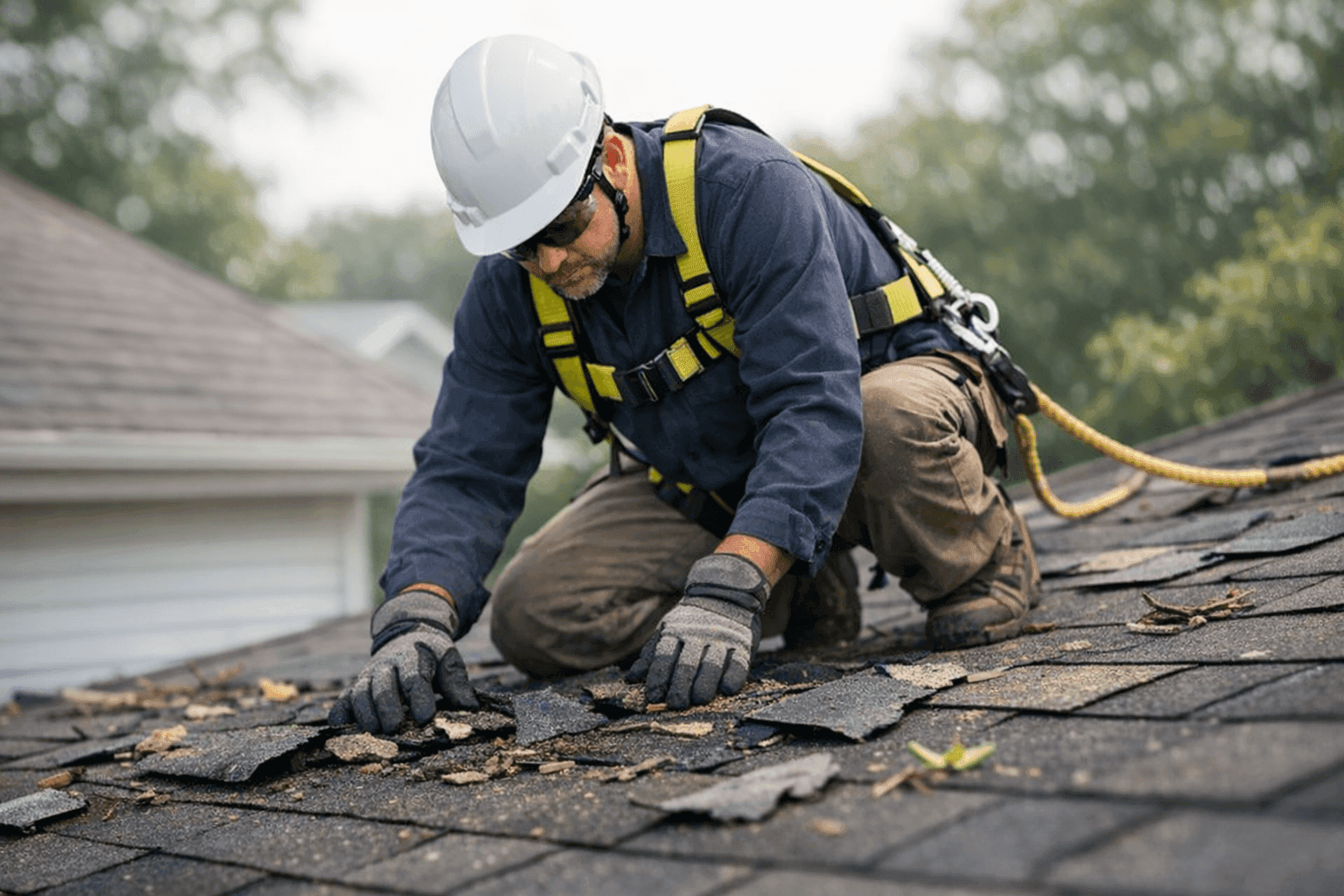 Technician assessing storm-damaged roof with broken shingles