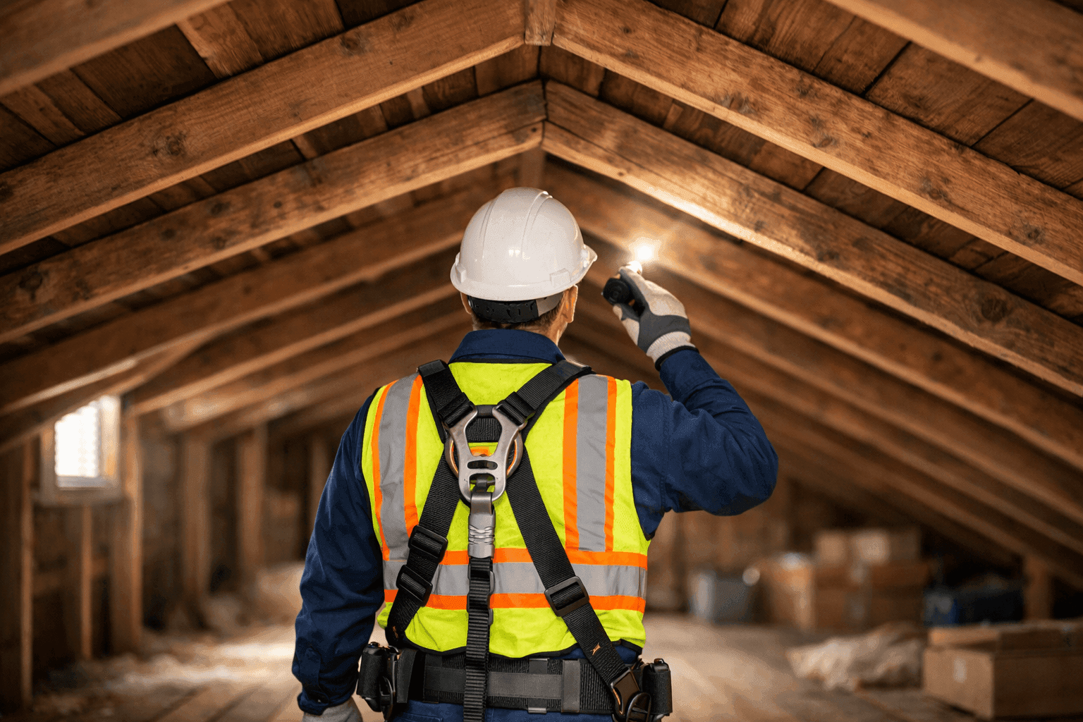 Technician inspecting sagging roof structure in attic space