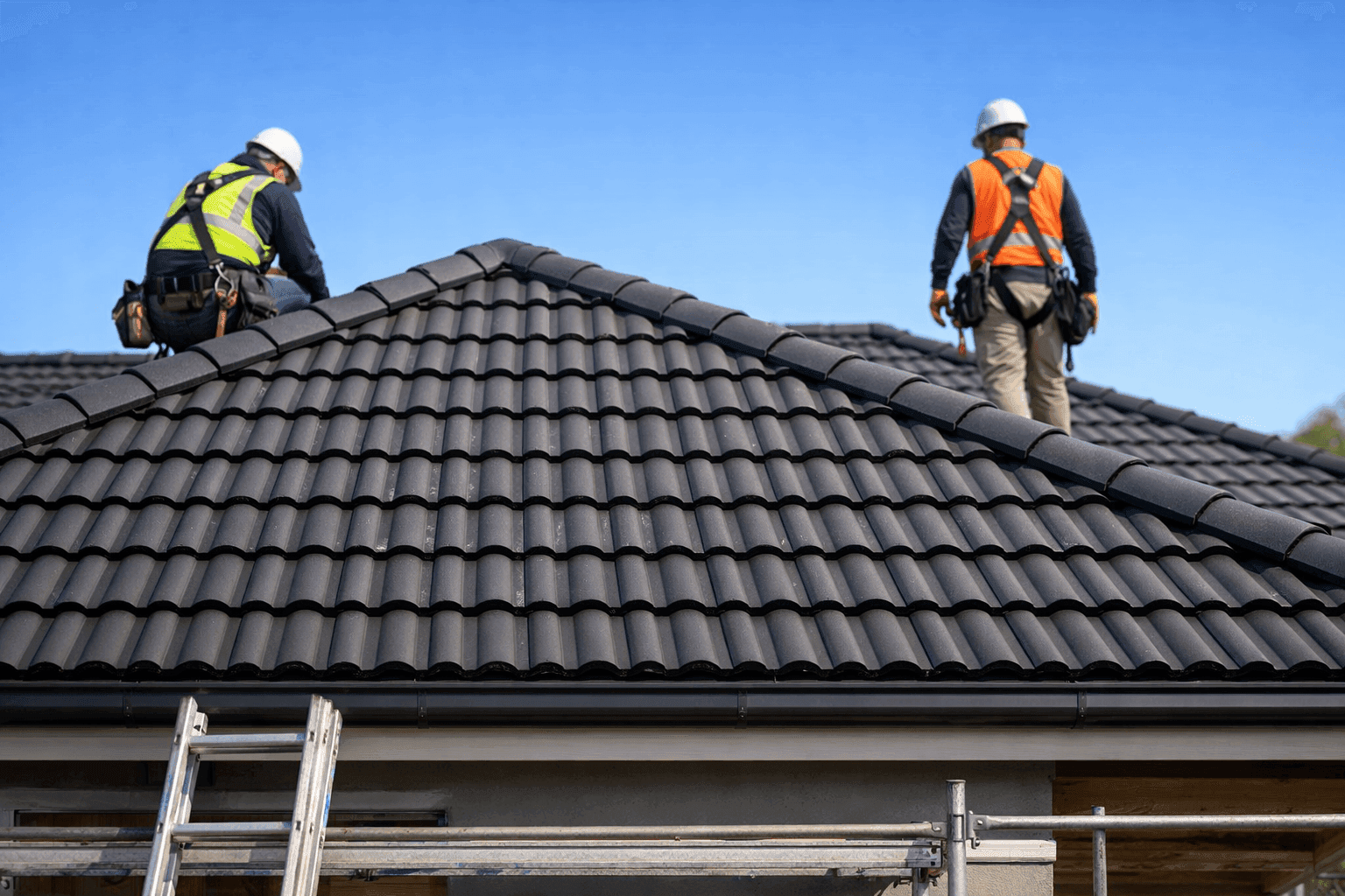 Close-up of new tile roofing installation on home